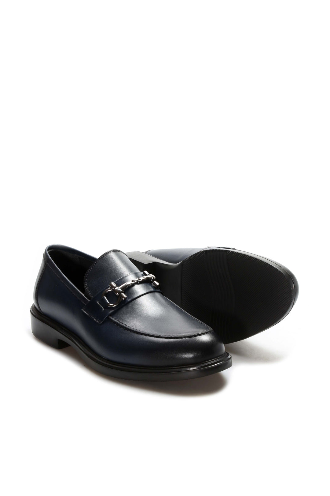 Navy Leather Buckle Loafers-Wessi