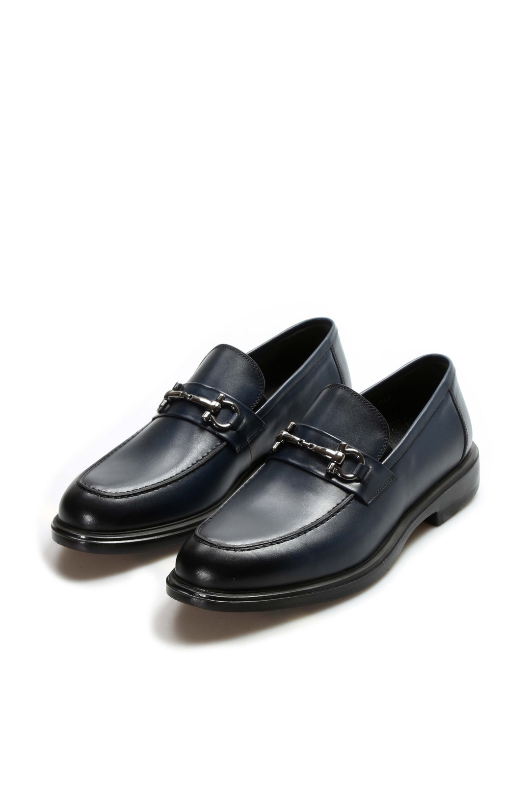 Navy Leather Buckle Loafers-Wessi