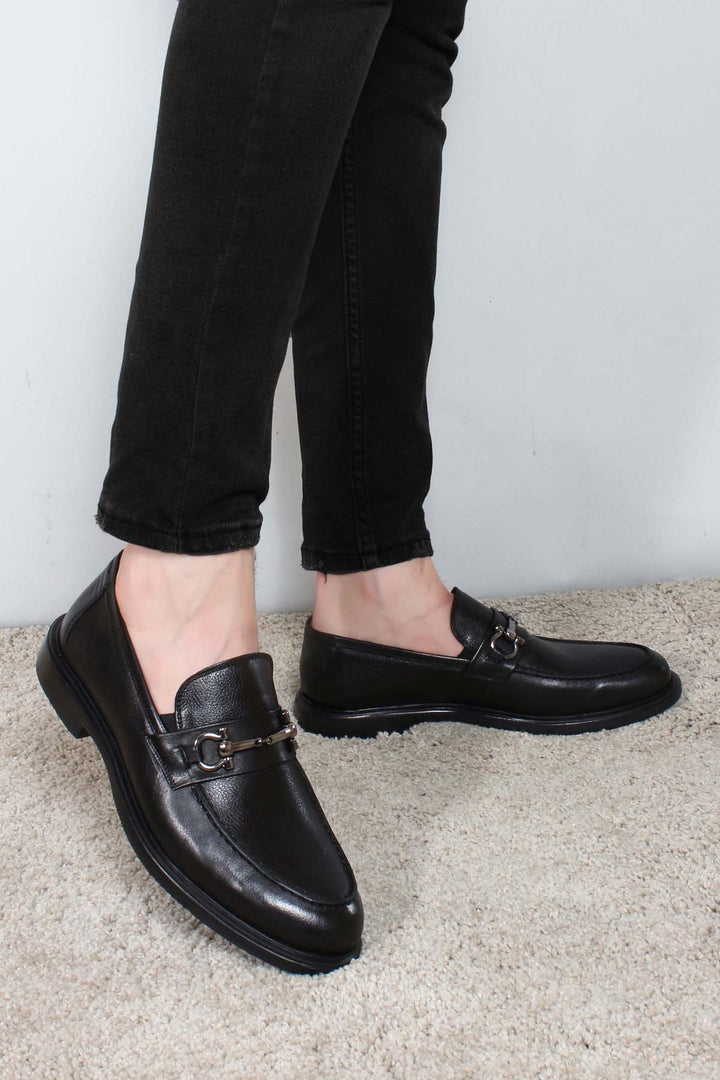 Men's Black Leather Buckle Loafers-Wessi