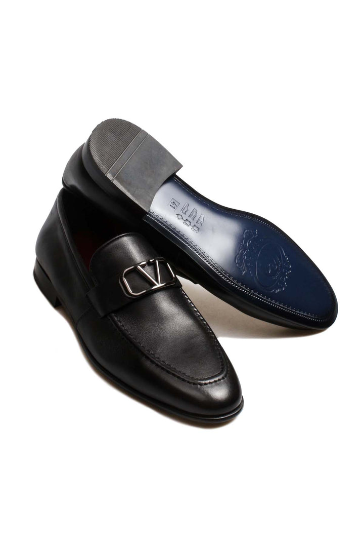 Black Leather Buckle Loafers-Wessi