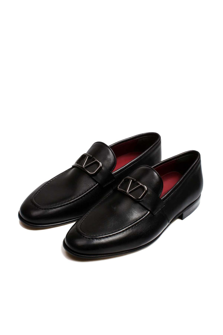 Black Leather Buckle Loafers-Wessi