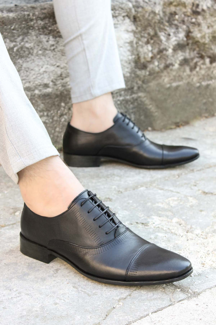 Men's Black Leather Cap Toe Oxfords-Wessi