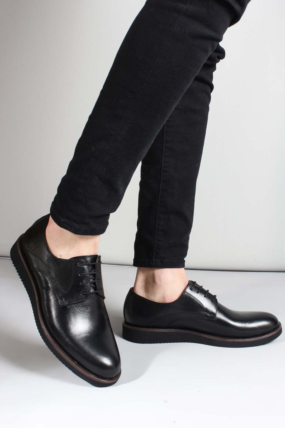 Men's Black Leather Derby Shoes-Wessi