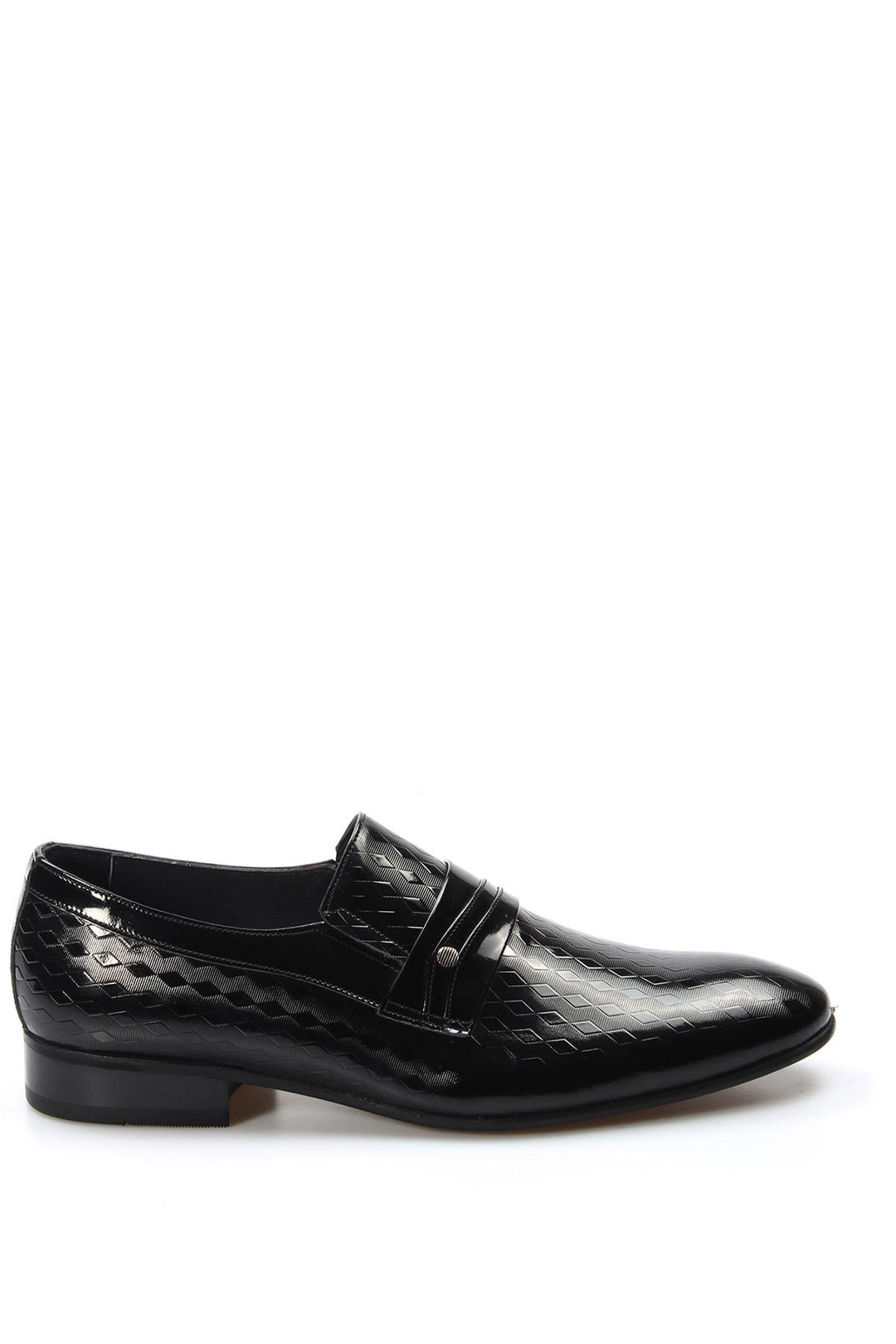 Men's Black Patent Leather Loafers with Geometric Embossed Pattern - Wessi