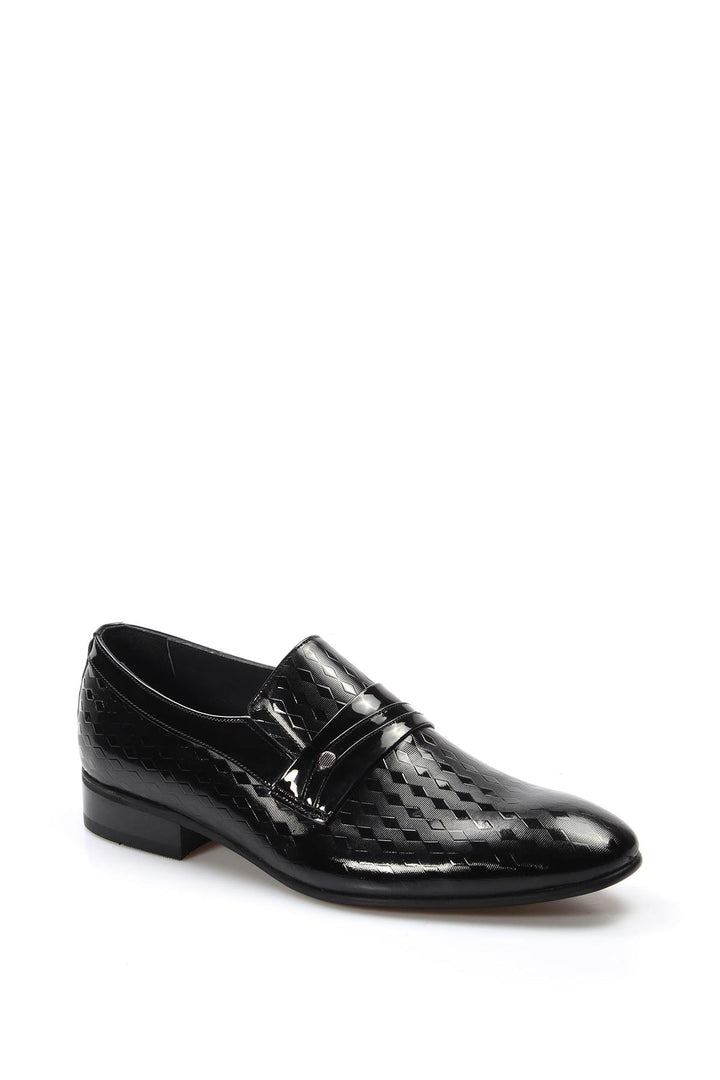 Men's Black Patent Leather Loafers with Geometric Embossed Pattern - Wessi