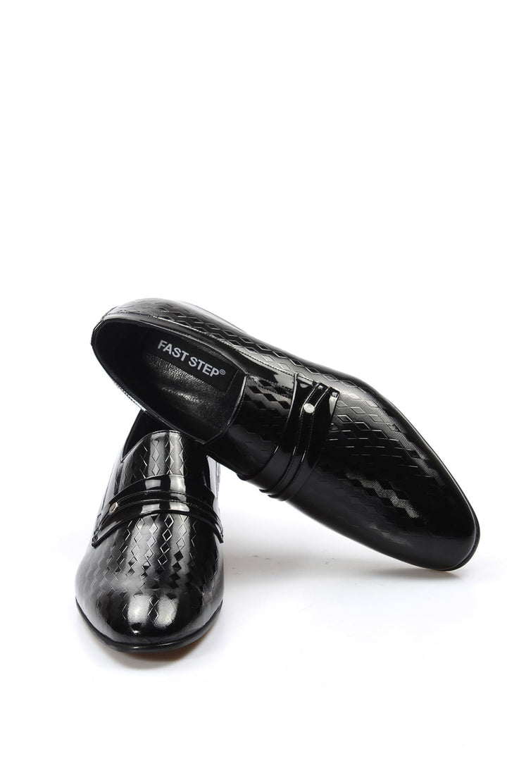 Men's Black Patent Leather Loafers with Geometric Embossed Pattern - Wessi