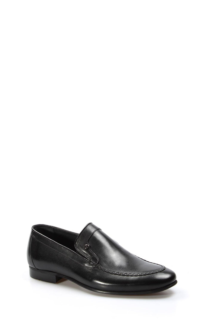 Men's Black Leather Loafers with Classic Stitched Detailing and Low Heel - Wessi