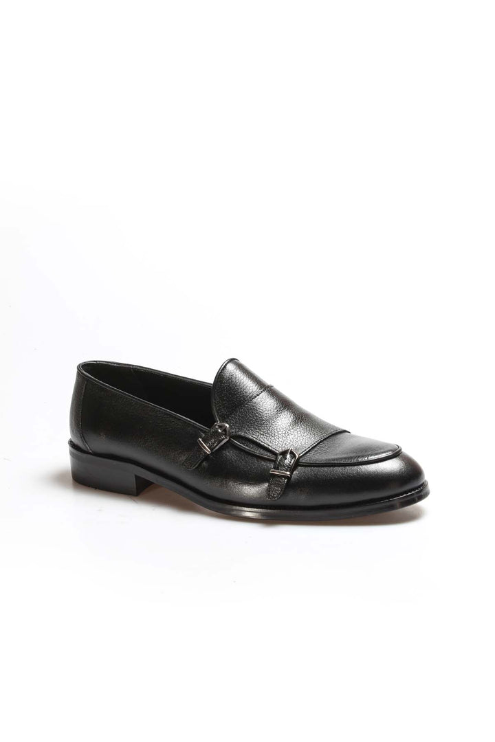 Men's Black Leather Loafers with Double Buckle Detail - Wessi