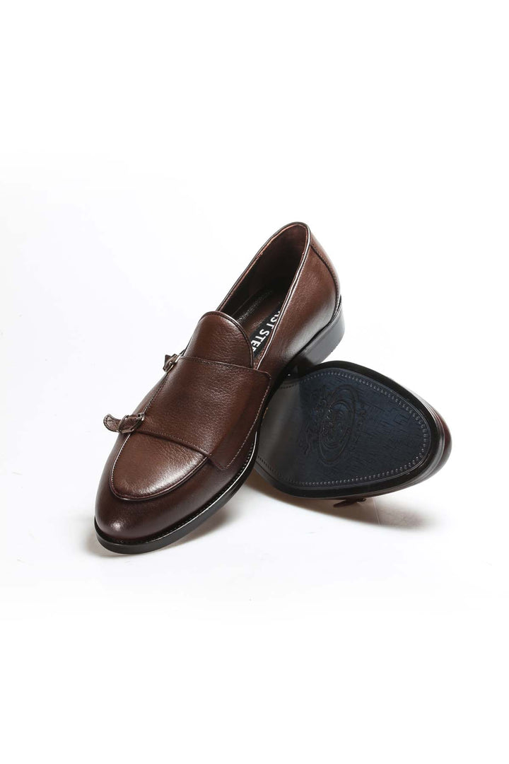 Men's Brown Leather Loafers with Double Monk Strap - Wessi