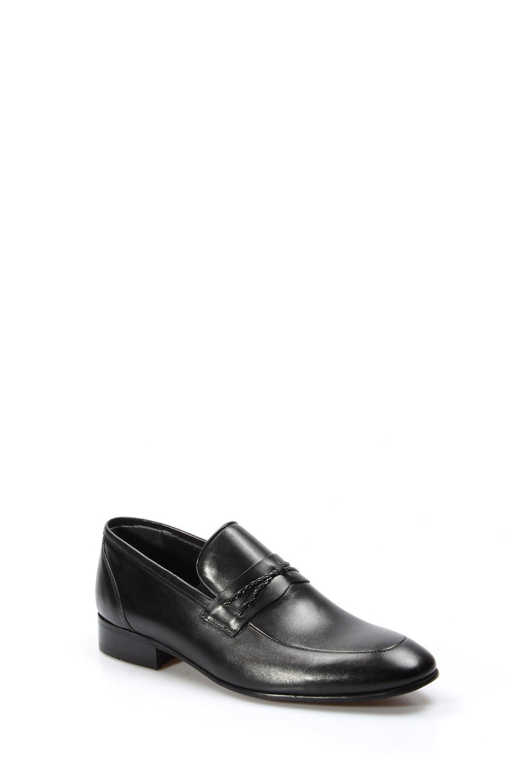 Men's Black Leather Slip-On Loafers with Braided Strap Detail - Wessi