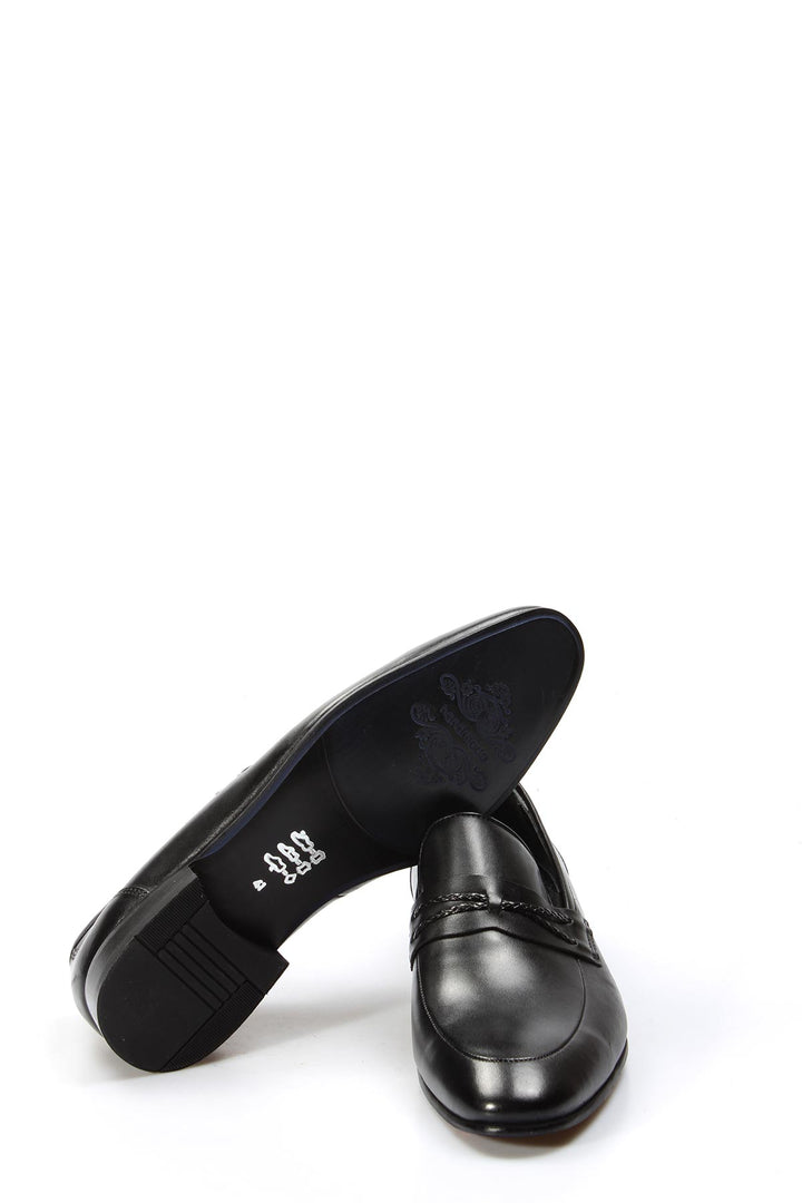 Men's Black Leather Slip-On Loafers with Braided Strap Detail - Wessi