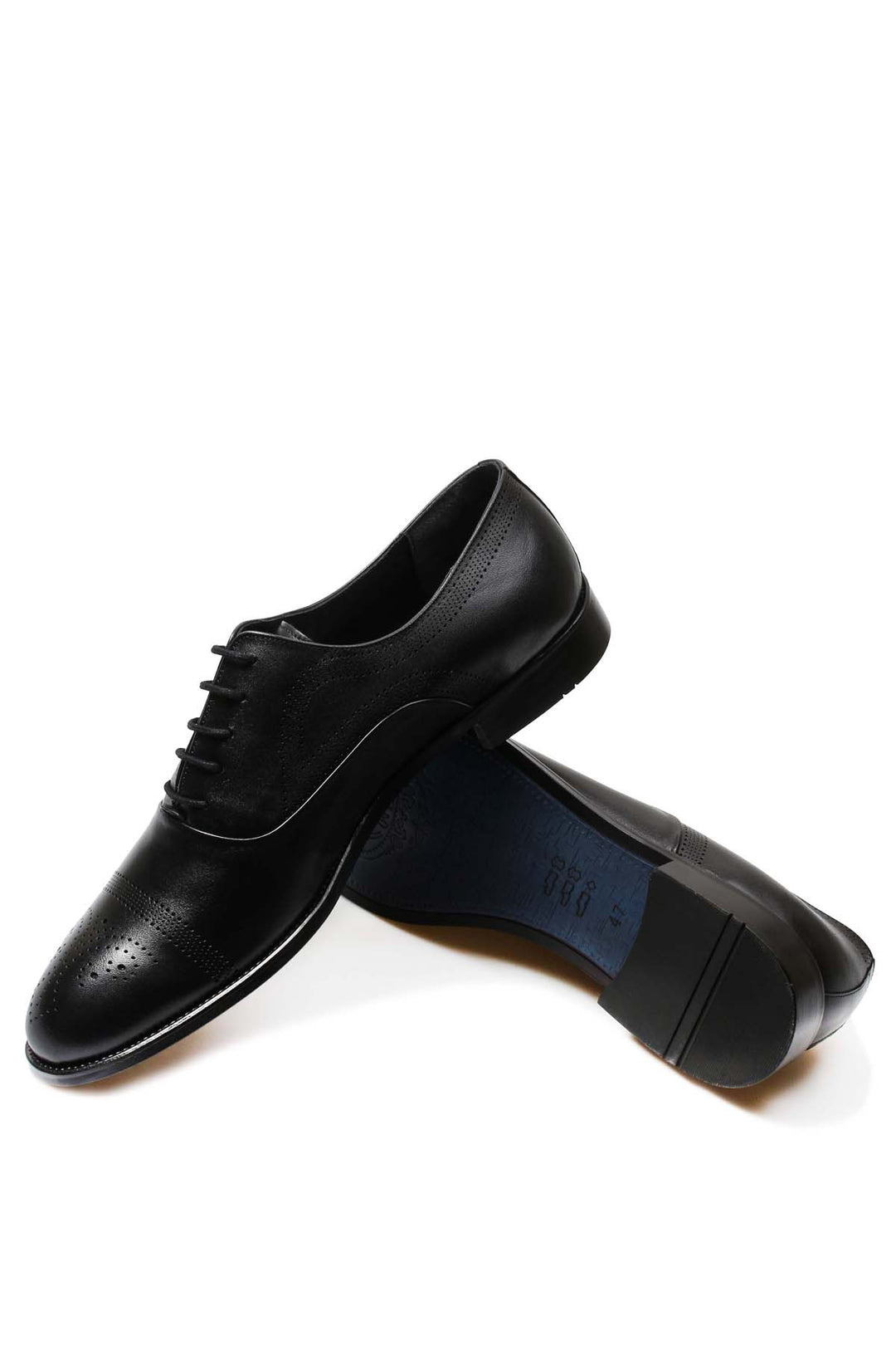 Men's Black Leather Oxford Shoes with Perforated Cap Toe - Wessi