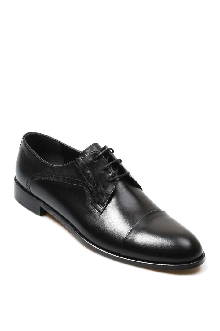 Men's Black Leather Derby Shoes with Brogue Detailing and Cap Toe - Wessi