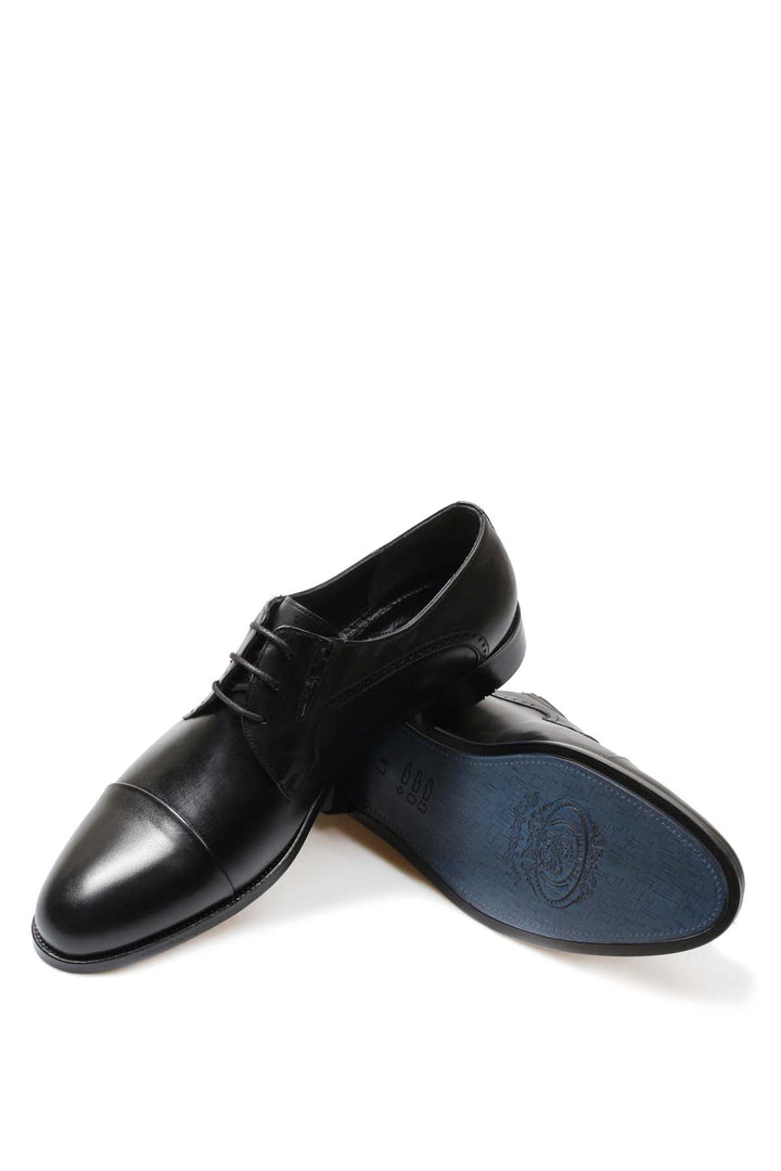 Men's Black Leather Derby Shoes with Brogue Detailing and Cap Toe - Wessi