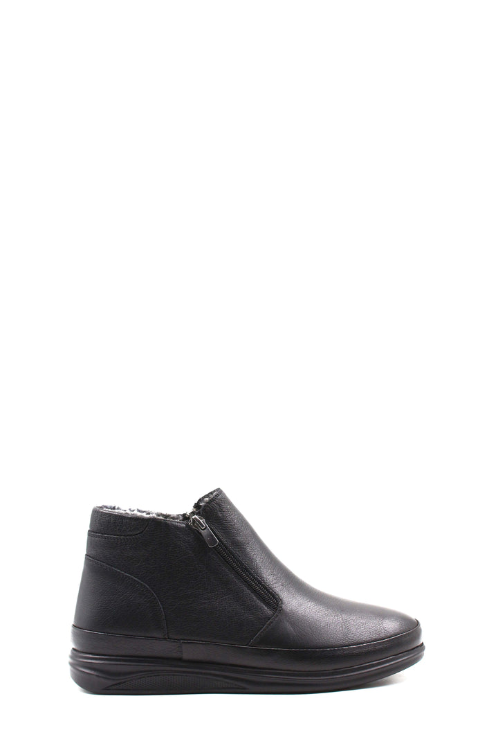 Men's Black Leather Zip-Up Ankle Boots with Fur Lining - Wessi