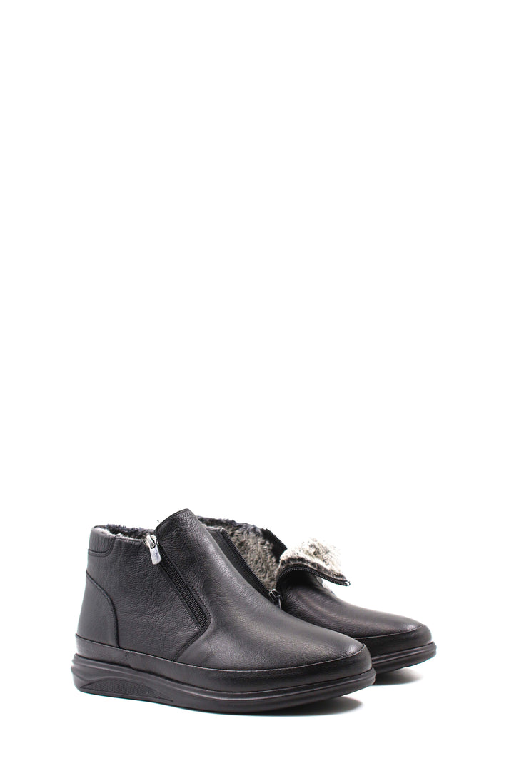 Men's Black Leather Zip-Up Ankle Boots with Fur Lining - Wessi