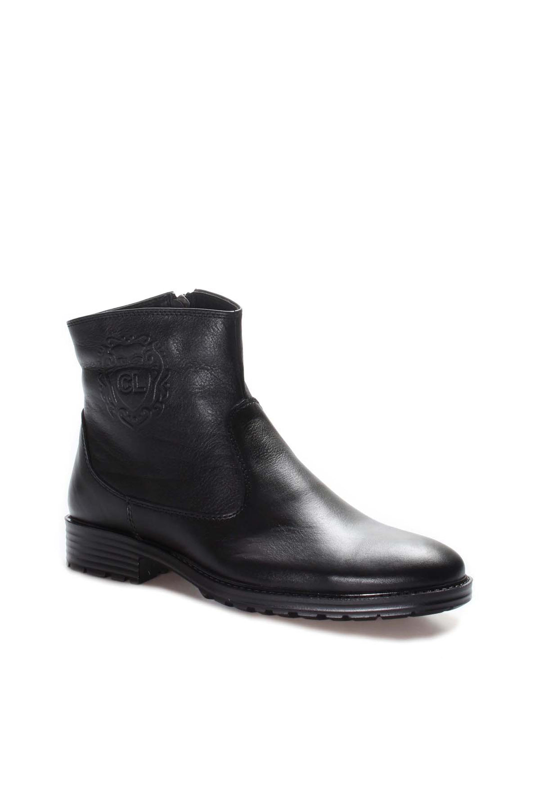 Men's Black Leather Ankle Boots with Embossed Crest Detail - Wessi