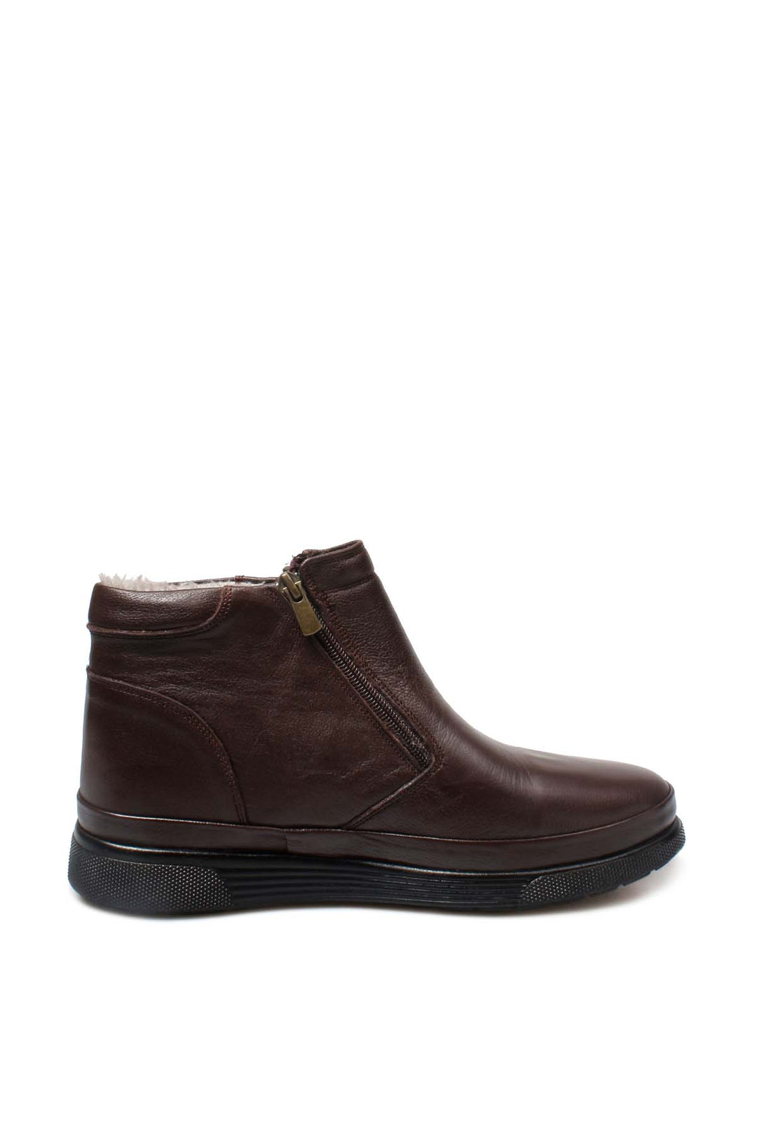 Men's Brown Leather Zip-Up Boots with Vegan Fur Lining - Wessi