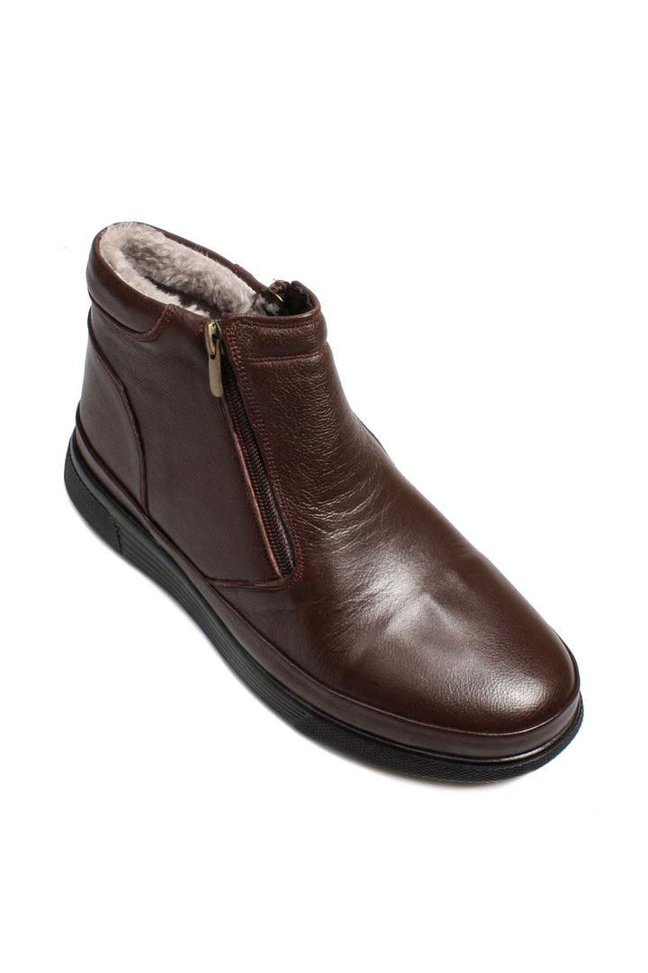 Men's Brown Leather Zip-Up Boots with Vegan Fur Lining - Wessi