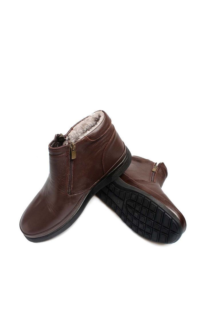 Men's Brown Leather Zip-Up Boots with Vegan Fur Lining - Wessi