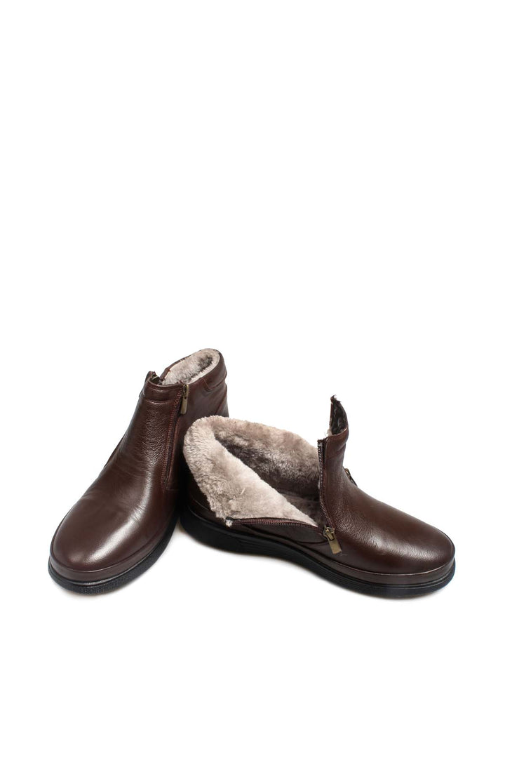 Men's Brown Leather Zip-Up Boots with Vegan Fur Lining - Wessi