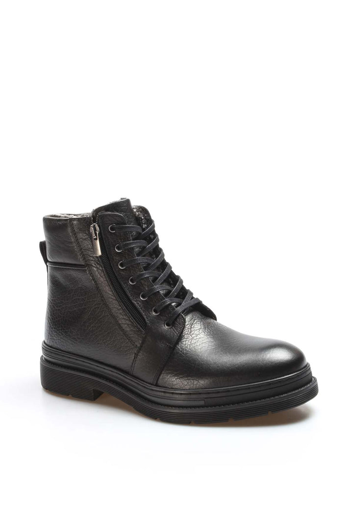 Men's Black Leather Ankle Boots with Side Zipper and Lace-Up Design - Wessi