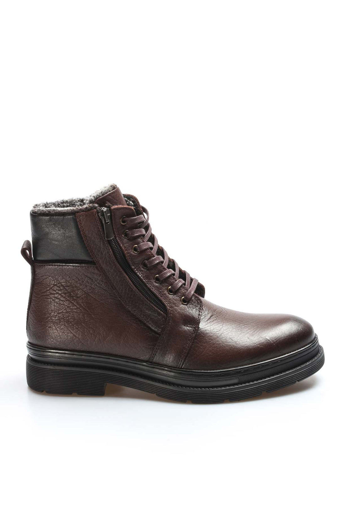 Men's Dark Brown Leather Lace-Up Boots with Side Zipper, Inside Vegan Furry - Wessi