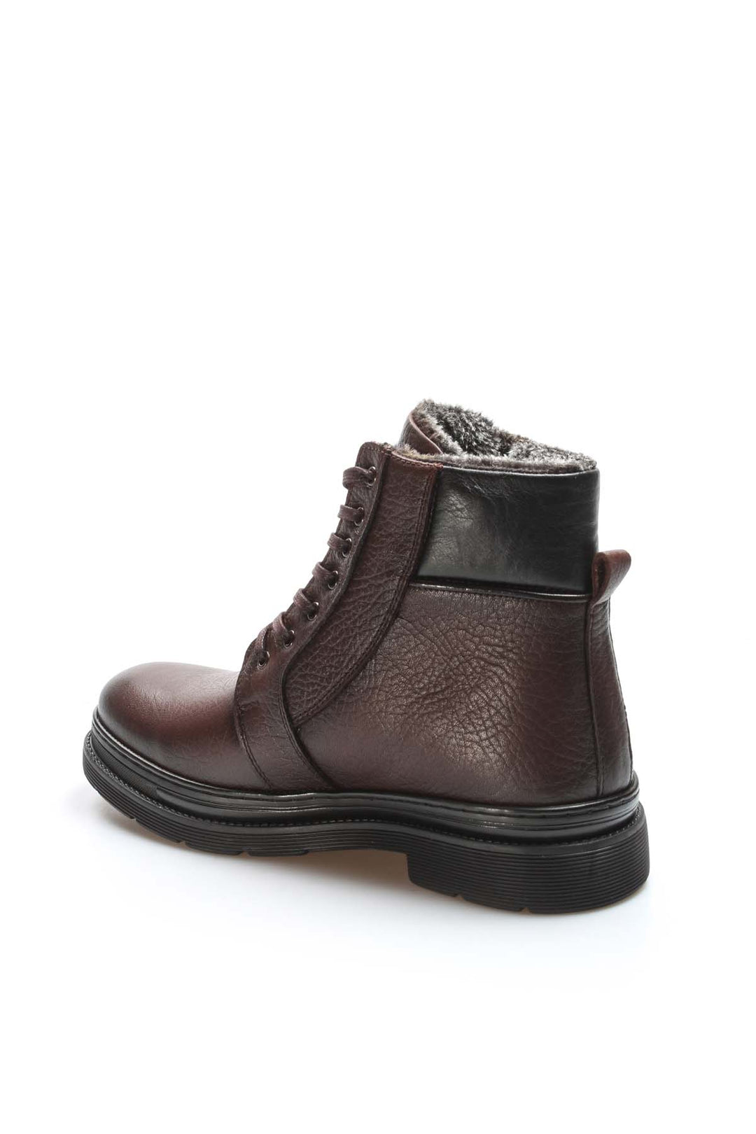 Botas Hombre Piel Marrón Oscuro con Cordones y Cremallera Lateral, Interior Vegano Furry - Wessi