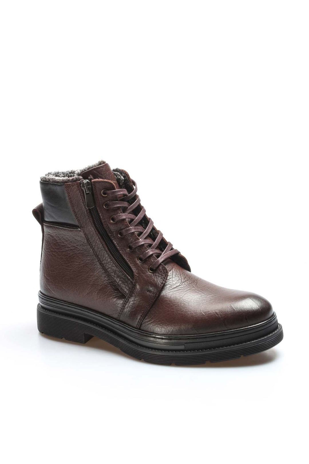 Men's Dark Brown Leather Lace-Up Boots with Side Zipper, Inside Vegan Furry - Wessi