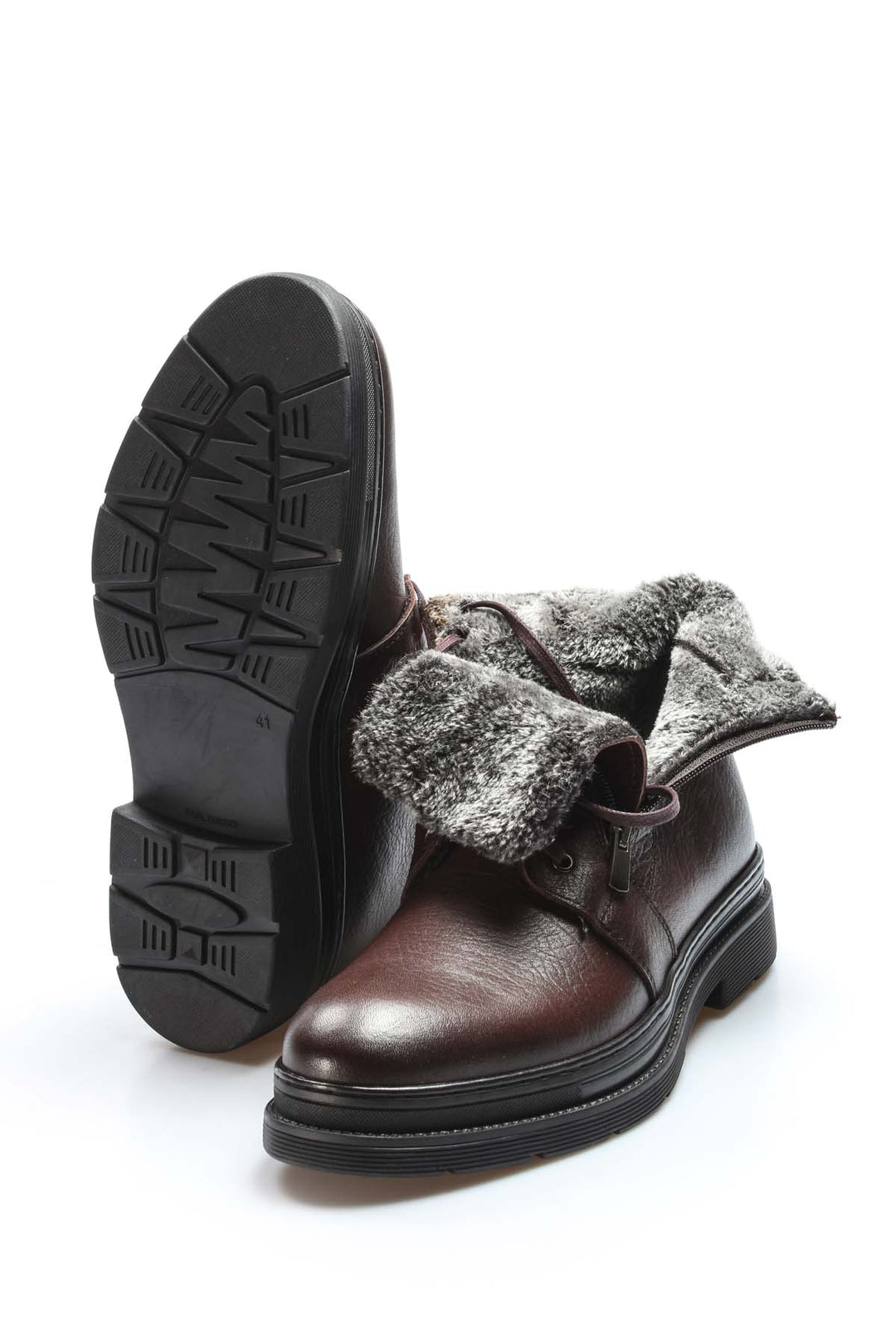 Botas Hombre Piel Marrón Oscuro con Cordones y Cremallera Lateral, Interior Vegano Furry - Wessi