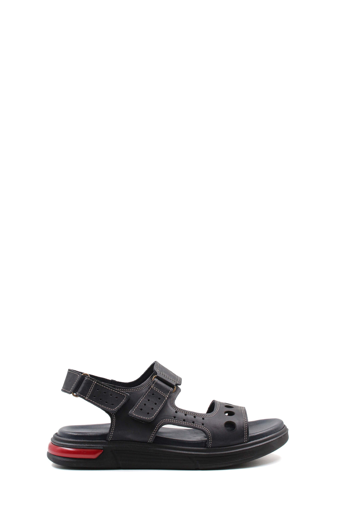 Men's Black Leather Sandals with Perforated Straps and Air Cushion Heel - Wessi