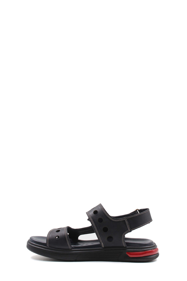 Men's Black Leather Sandals with Perforated Straps and Air Cushion Heel - Wessi