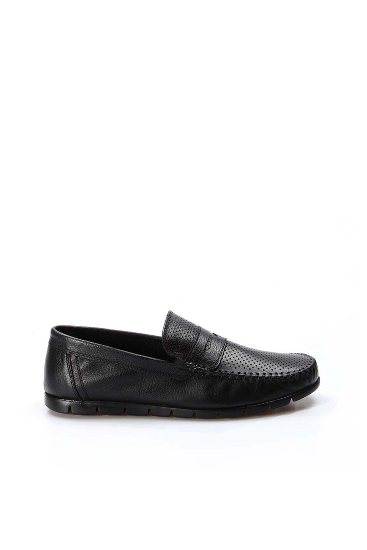 Men's Black Leather Perforated Loafers with Moc Toe - Wessi