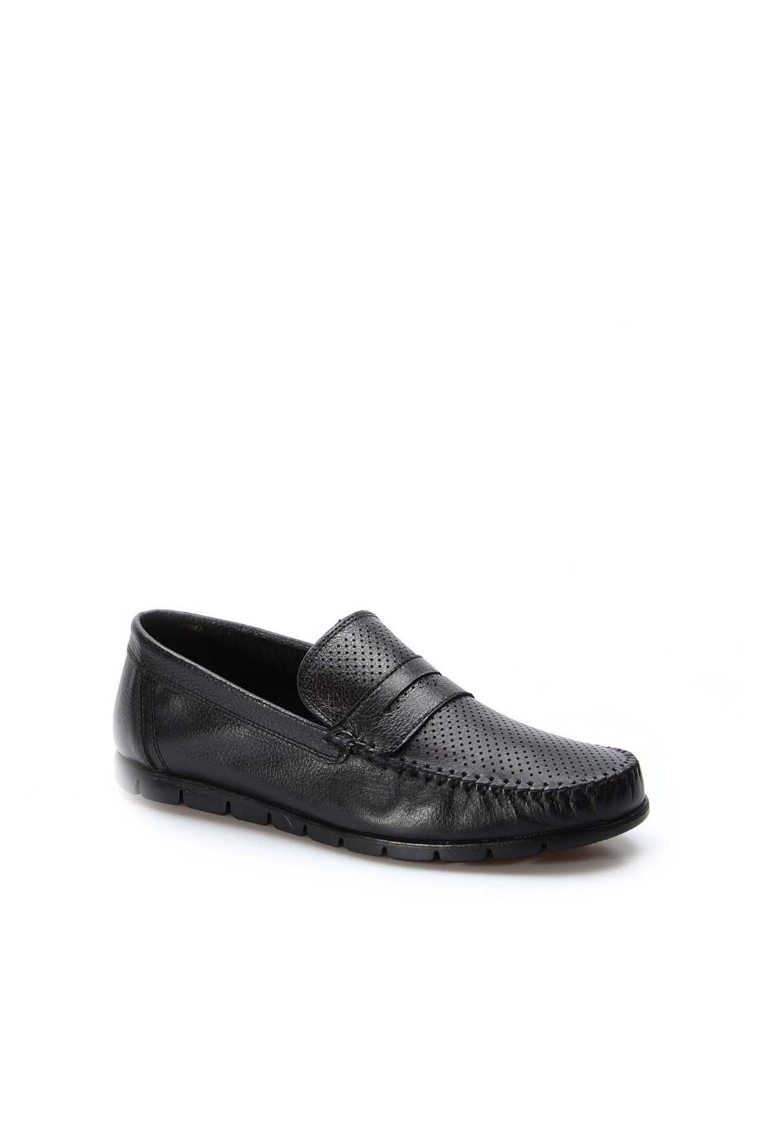 Men's Black Leather Perforated Loafers with Moc Toe - Wessi