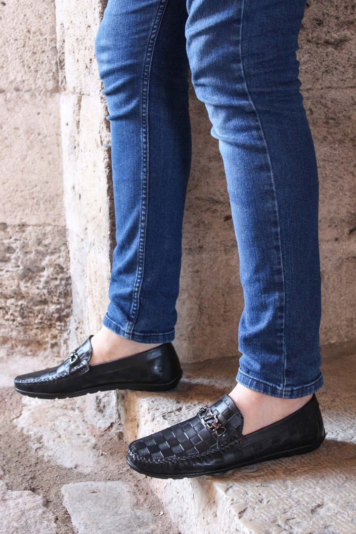 Black Checkered Leather Loafers Wessi