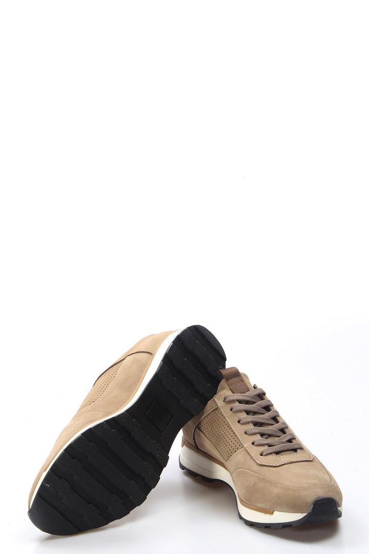 Men's Beige Suede Sneakers with Perforated Side Panel - Wessi