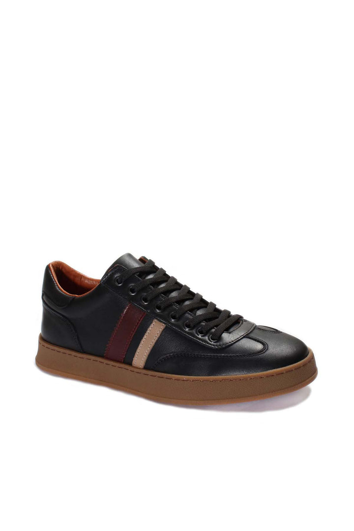 Men's Black Leather Stripe Sneakers-Wessi