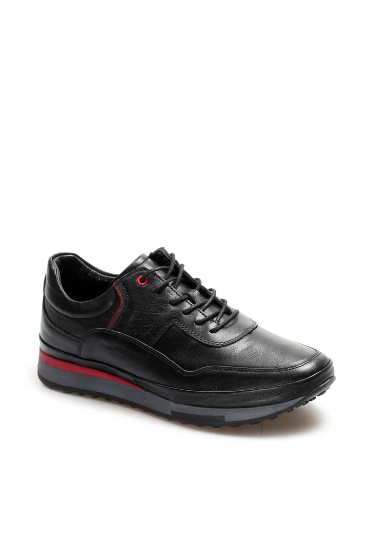 Men's Black Leather Sneakers with Red Stripe Accent - Wessi