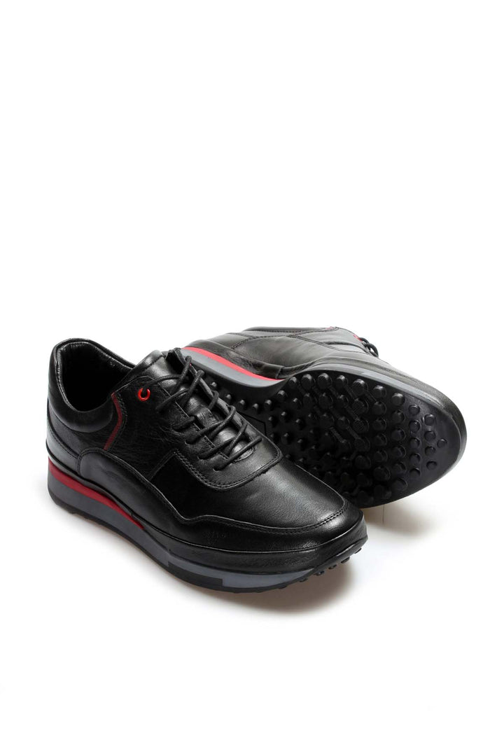 Men's Black Leather Sneakers with Red Stripe Accent - Wessi