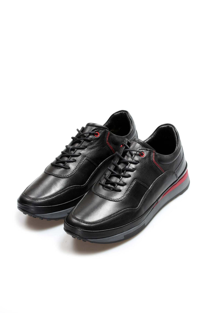 Men's Black Leather Sneakers with Red Stripe Accent - Wessi