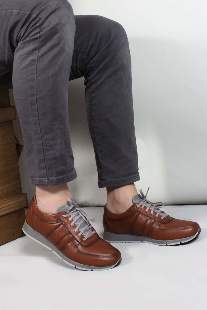 Men's Brown Leather Sneakers with Gray Accents and Contrast Sole - Wessi