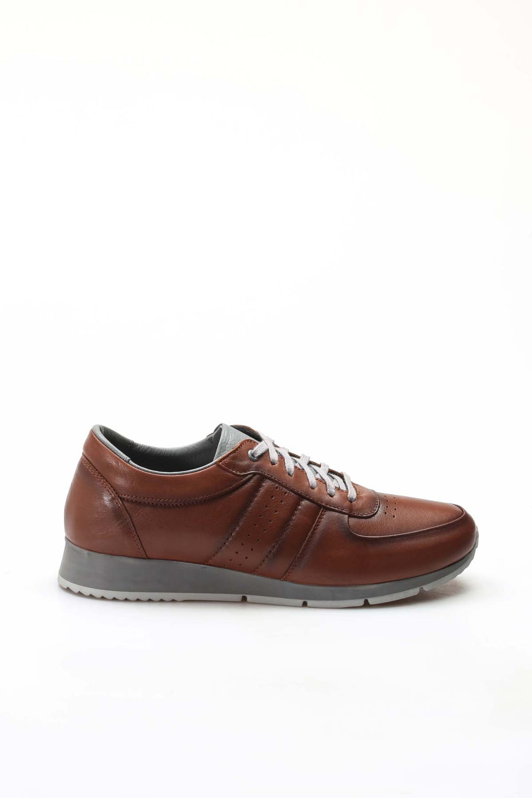 Men's Brown Leather Sneakers with Gray Accents and Contrast Sole - Wessi