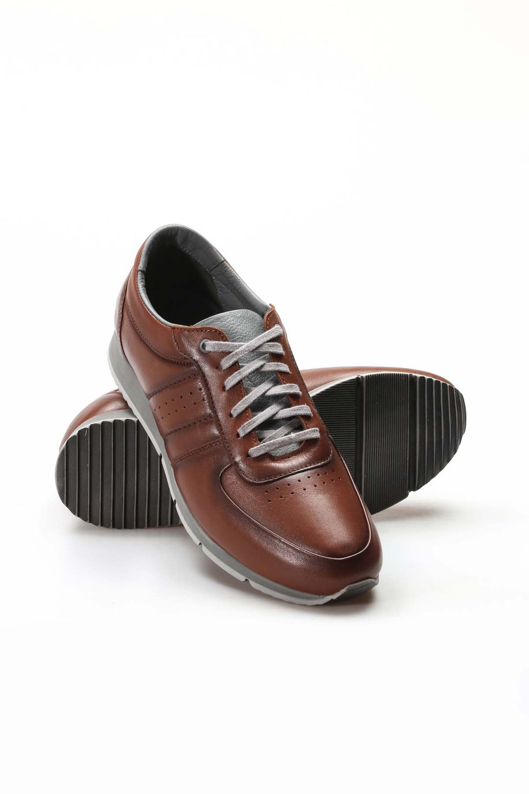 Men's Brown Leather Sneakers with Gray Accents and Contrast Sole - Wessi