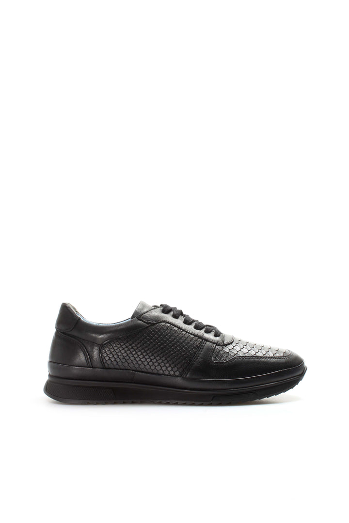 Men's Black Leather Textured Sneakers-Wessi