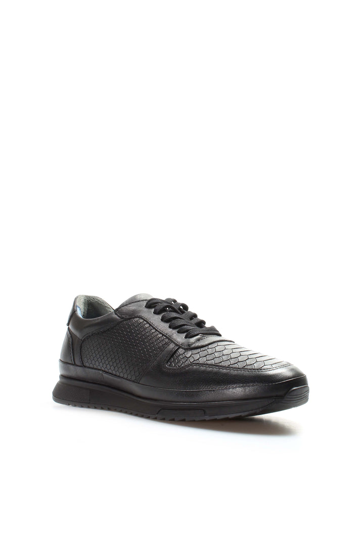 Men's Black Leather Textured Sneakers-Wessi