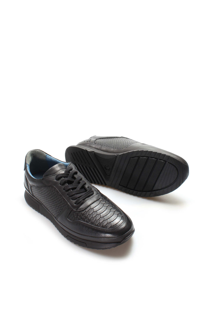 Men's Black Leather Textured Sneakers-Wessi