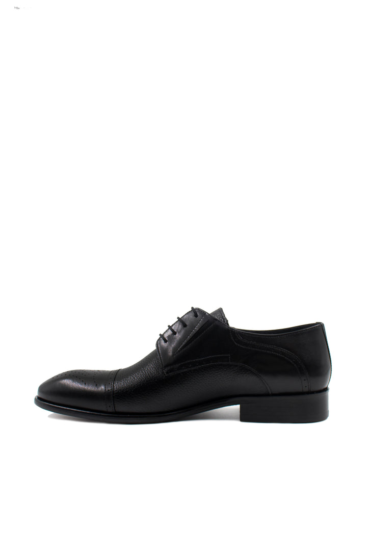 Men's Black Leather Oxford Shoes with Perforated Cap-Toe - Wessi