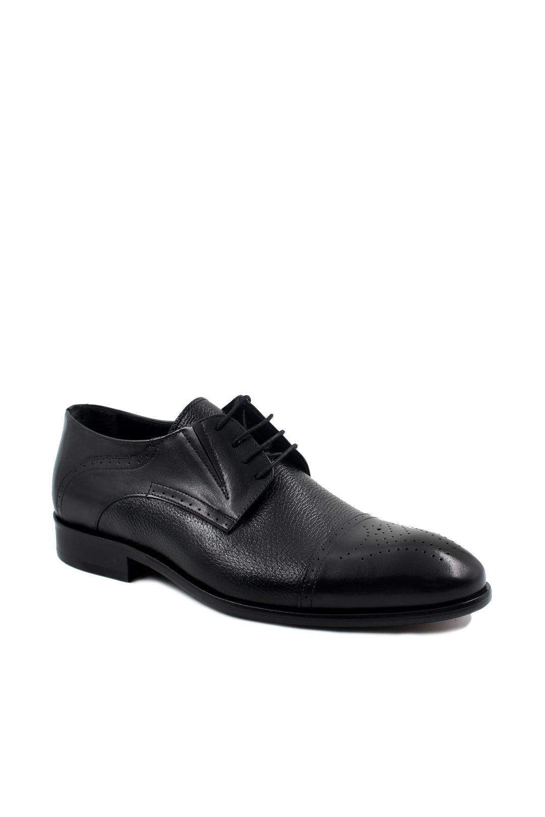 Men's Black Leather Oxford Shoes with Perforated Cap-Toe - Wessi