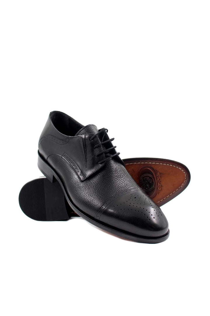 Men's Black Leather Oxford Shoes with Perforated Cap-Toe - Wessi