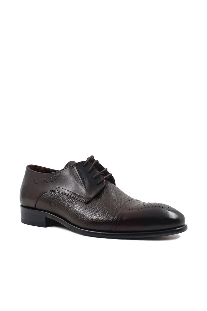 Men's Brown Leather Oxford Shoes with Textured Finish and Brogue Detailing - Wessi